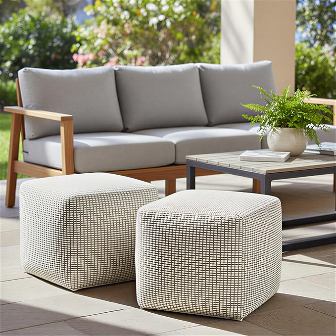 SIMPLIHOME Zelma Square Pouf – 18 inch Wide Upholstered PET Polyester Ottoman in Dune Beige, Boho Indoor/Outdoor Footstool or Extra Seating for Living Room or Patio, Assembled