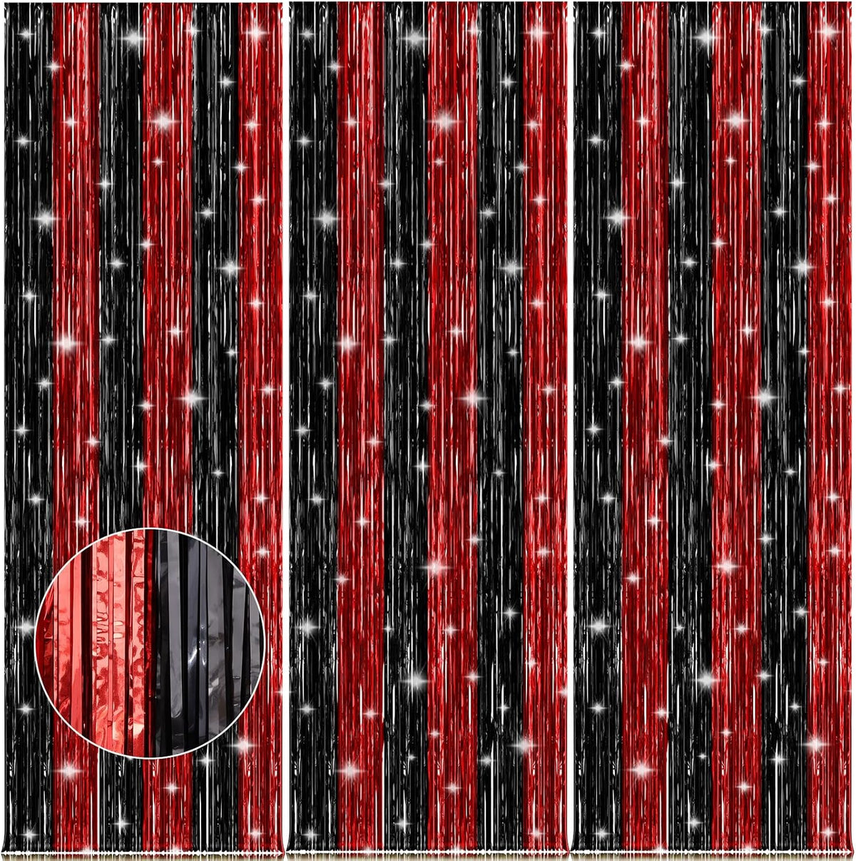 Red & Black Metallic Foil Fringe Curtains – 3 Pack Party Streamers (3.2x8.2 ft)