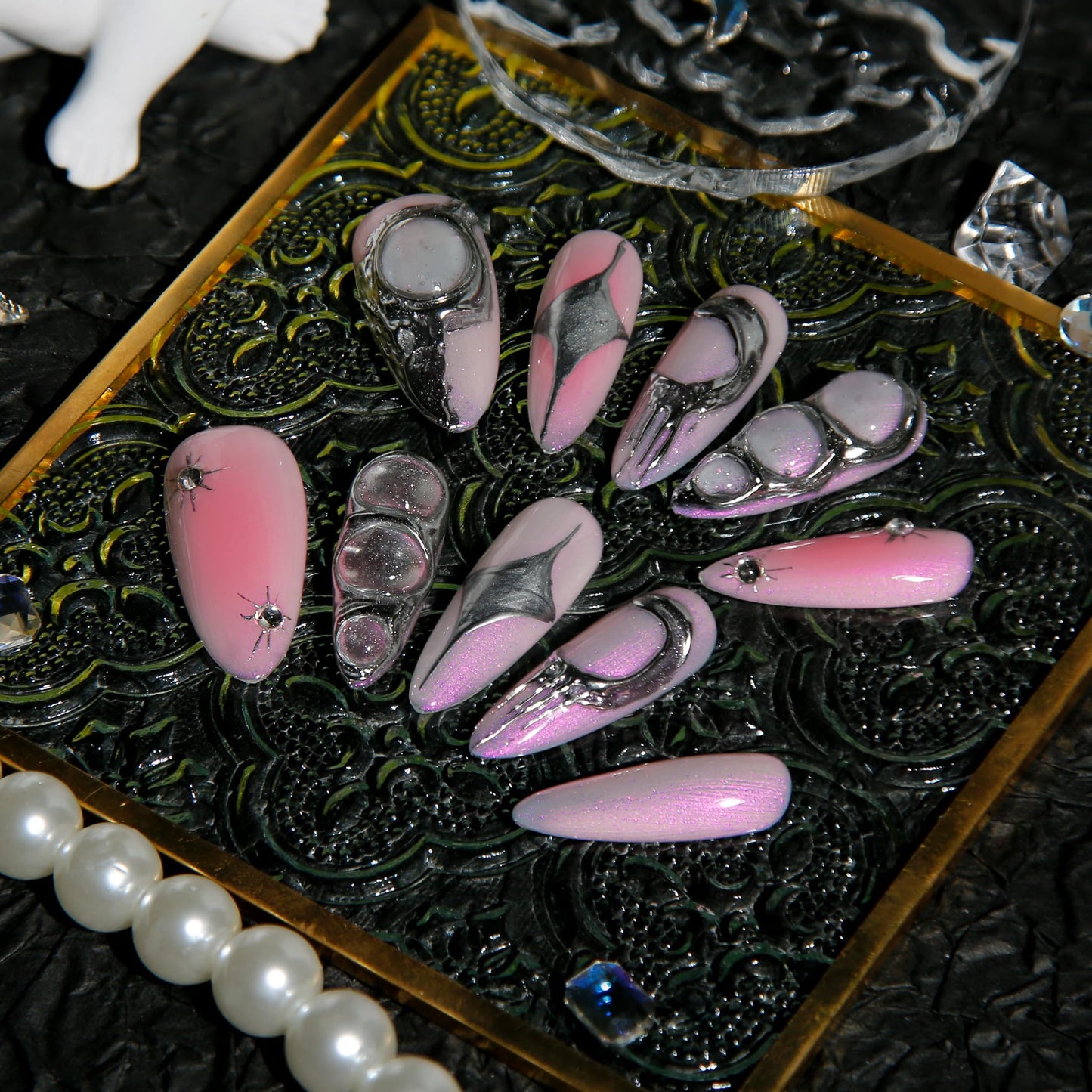 TENPAL Handmade Press on Nails Almond,Sweet Cool Fake Nails With Designs,Metal 3D Aurora Nails 10Pcs/Box,Acrylic False Nails Press Ons,y2k False Nails With Glue For Women Girls Gift(L)
