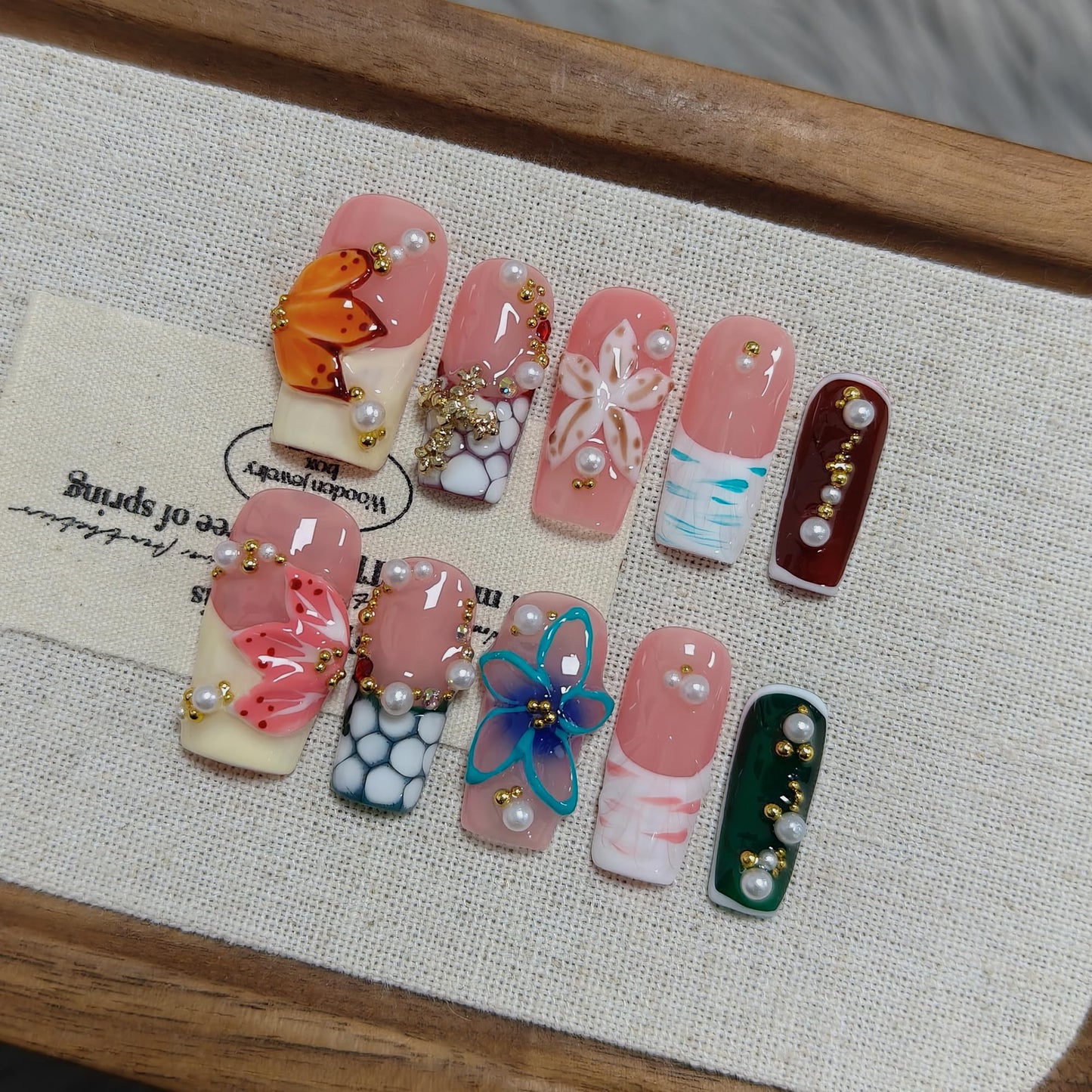 TENPAL Colorful French Tip Press on Nails Medium Coffin Square with 3D Shell Ocean Designs,Handmade Removable Glitter Salon Acrylic False Nails for Women Daily Wear 10pcs(M)