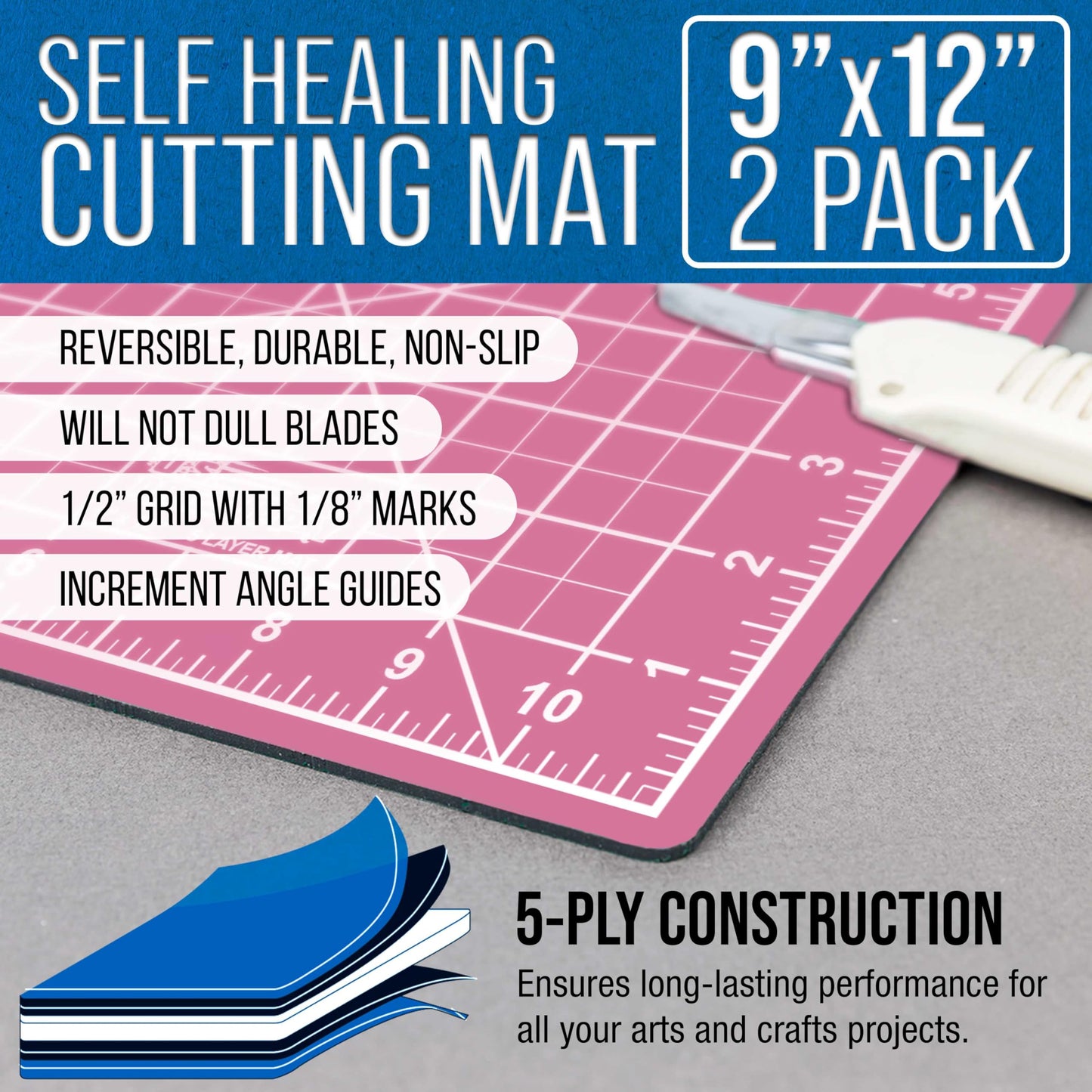 U.S. Art Supply 9" x 12" Self-Healing Cutting Mat 5-Ply (2 Pack) - Double-Sided Pink/Blue Craft Mat, Non-Slip Cutting Mats for Crafts, Sewing, Quilting, Scrapbooking