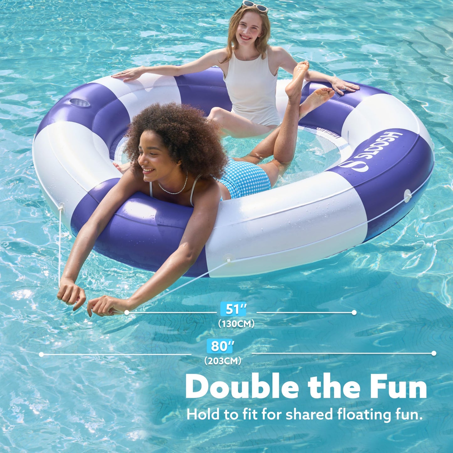 SLOOSH Inflatable Pool Lounger Float with Mesh, 80" x 80" Tanning Pool Floats, Double Lounger Round Ring for Adults, Floating Mat Raft for Lake and Beach with Cup Holder (Navyblue Strpie)