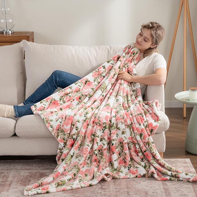 Berkshire Blanket-Classic Heavyweight Soft Printed VelvetLoft® Plush Throw Blanket, Cozy and Fuzzy, Abstraction Pink Green, 50in x 70in