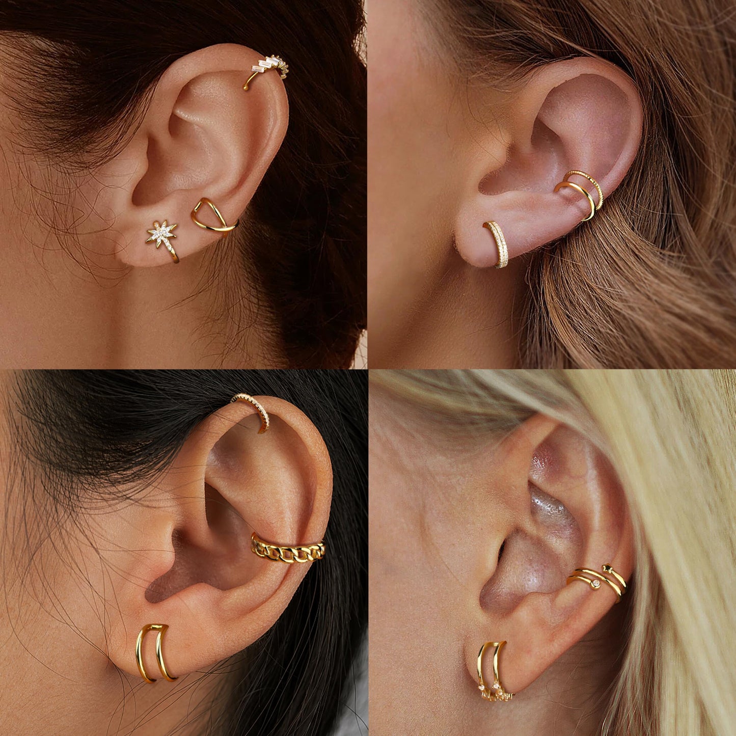 Dochais 9Pcs 14K Gold Plated Ear Cuff Earrings - Non Pierced Clips, Cartilage, Fake Cuffs (12pcs-Gold)