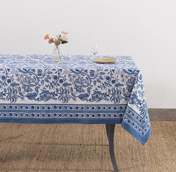 Labhanshi Indian Block Print Table Cloth|Jaipur Rectangle Floral Cotton Table Cover 60x90 Inch 6-Seater Spring Easter Kitchen Dining Tablecloth|Patio Table Cover for Event Wedding Banquet Parties|Blue