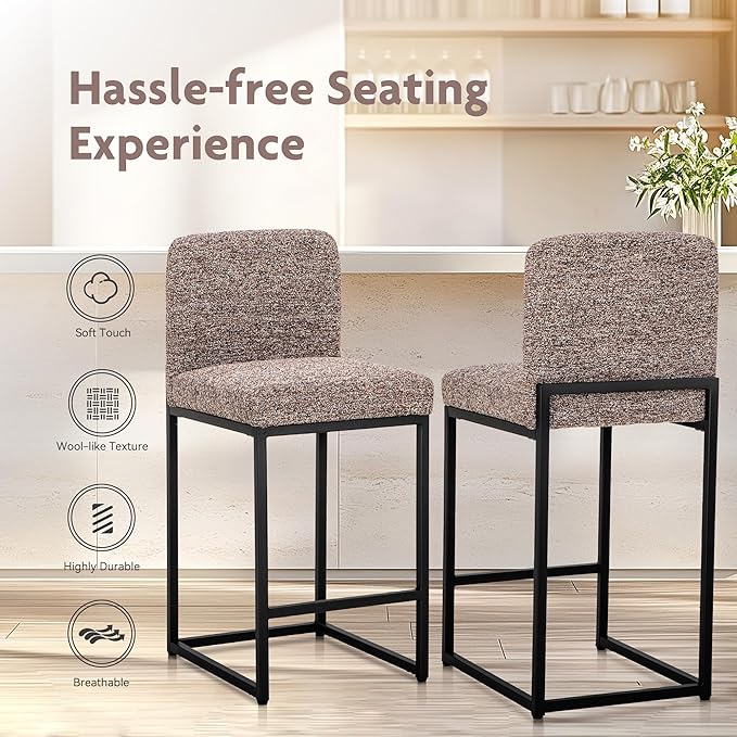 ALPHA HOME 24" Bar Stools Set of 4 Kitchen Counter Stools with Back, Counter Height Stools with Upholstered Footrest for Kitchen Island, Metal Steel Frame, Chenille, Brown