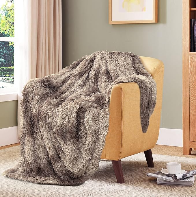 Tuddrom Decorative Extra Soft Faux Fur Blanket Queen Size 80" x 90",Solid Reversible Fuzzy Fluffy Plush Fleece Comfy Microfiber Fur Blanket for Couch Sofa Bed,Tie DyeBrown
