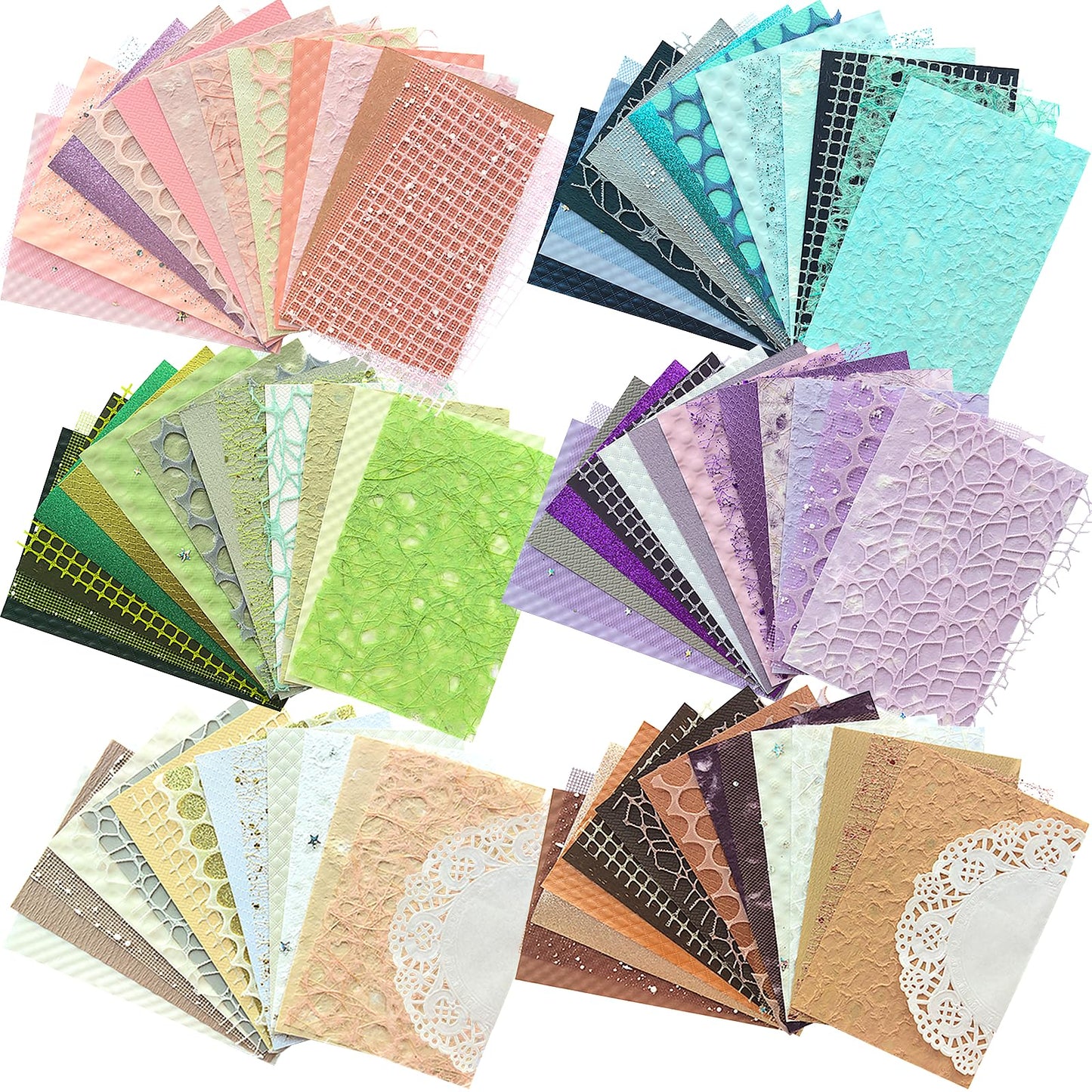 Flartmo 102 Unique Textured Scrapbook Papers and Mesh Fabric Sheets(17 Designs × 6 Colors), Handmade Craft paper for Scrapbooking, Junk Journal, Card Making Supplies, Planner, Collage (5.9" x 3.9")