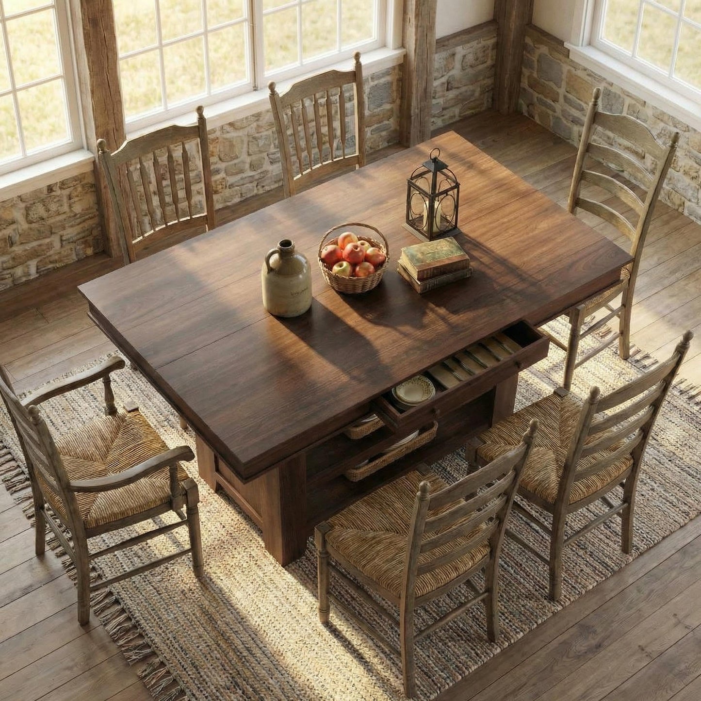 Garvee Counter Height Dining Table with 2 Drawers, 36" Farmhouse Wooden Large Bar Kitchen Table with Wine Rack & 3 Shelves, Rectangular, Thick Frame for Kitchen, Bar & Entertaining, Retro Brown