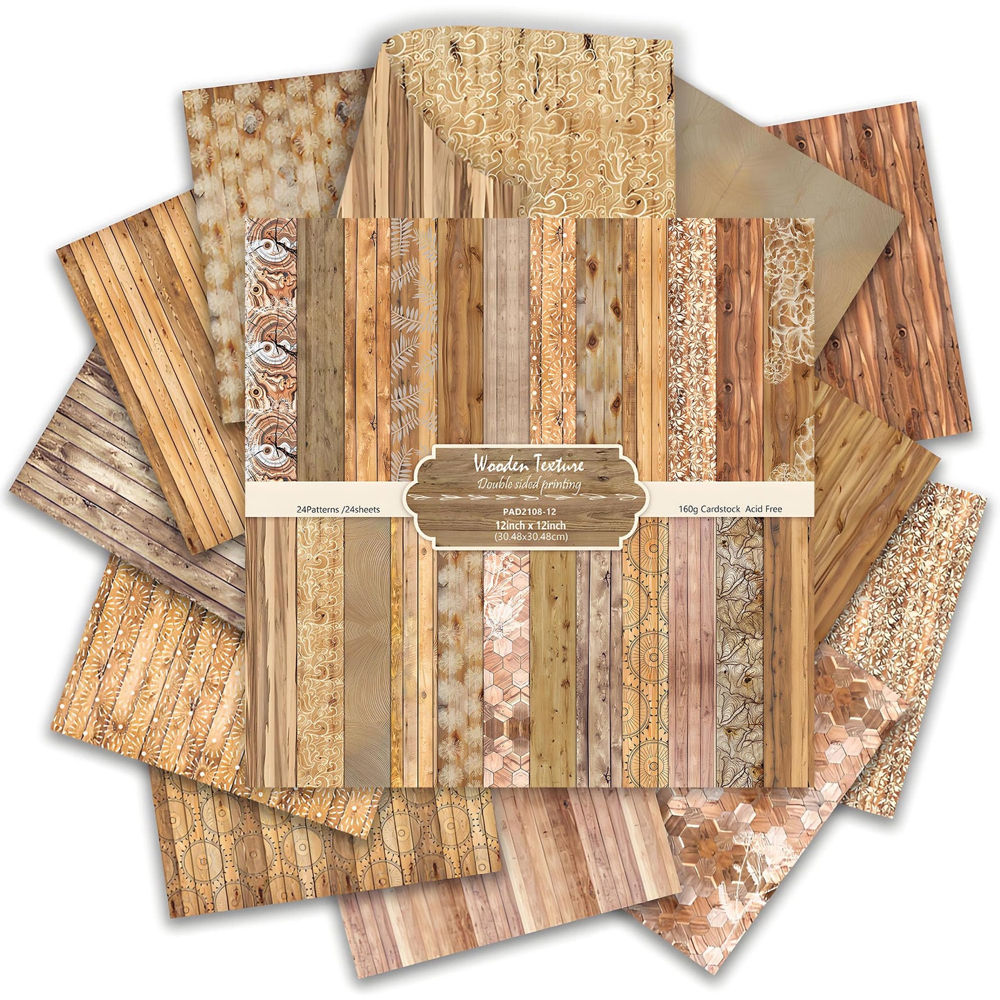 Cotrida 24 Sheets Natural Wood Grain Patterns Scrapbook Paper, with Simple white Flower Leaf prints Decorative Craft Folded Flat for Birthday Wedding Card Making Photo Album Decor, 12'' x 12''