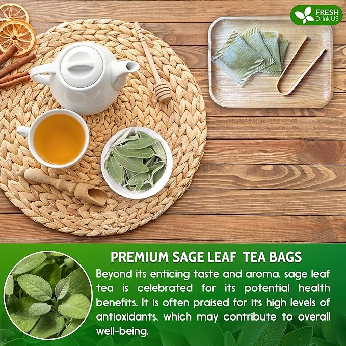 FreshDrinkUS, Premium 35 Sage Leaf Tea Bags, 100% Natural & Pure from Sage Leaves. Loose Leaf Herbal Tea. Made with Natural Material Tea Bags. No Sugar, No Caffeine, No Gluten, Vegan.