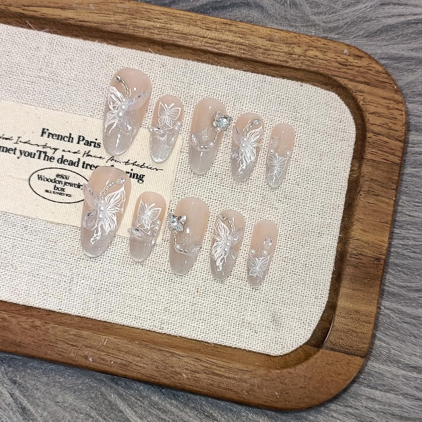 TENPAL 3D Butterfly Cat Eye Glitter French Press on Nails Medium Almond,Galaxy Icy Shimmer Rhinestones Designs with Full Manicure Kit 10pcs(XS)