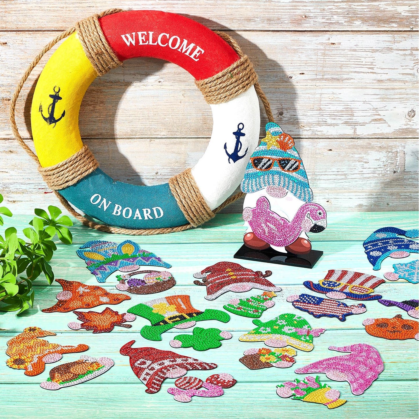 Menkxi 24 Pcs Magnetic Diamond Painting Gnome Diamond Art Interchangeable Stand Decor DIY Holiday Seasonal Tiered Tray Decoration with Magnet Pieces Detachable for Office Home Summer Decorations