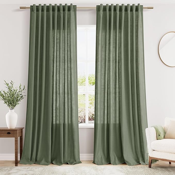 Nanspring Olive Green Linen Blend Semi Sheer Curtains 102 Inches Long x 60 Inches Wide, 2 Panel Set Back Tab Privacy Filtered and Breathable Extended Curtain for Bedroom Living Room 60x102