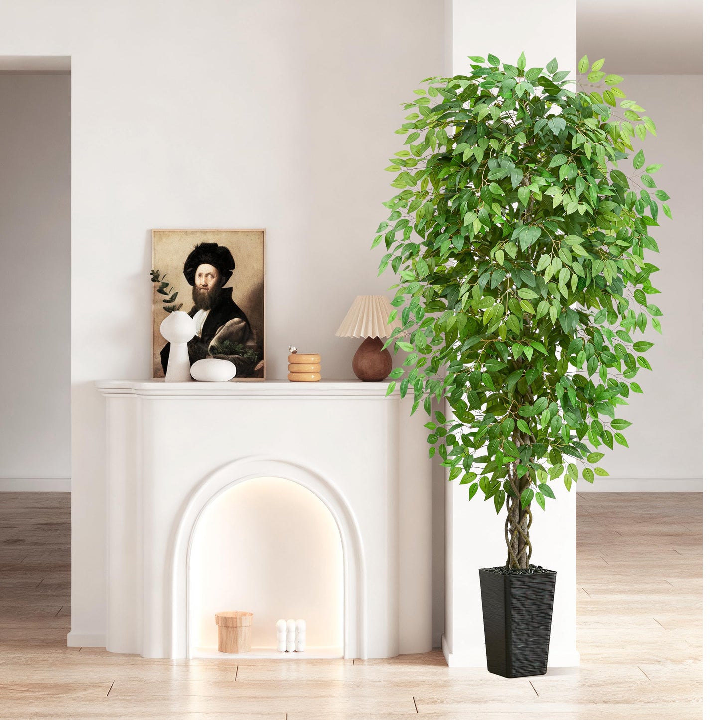 Artificial Ficus Tree 6FT Faux Plants Indoor Tall Fake Plants with Black Square Planter, Green Lifelike Lush Fake Ficus Tree for Home Living Room Bedroom Outdoor Balcony House Office Decor