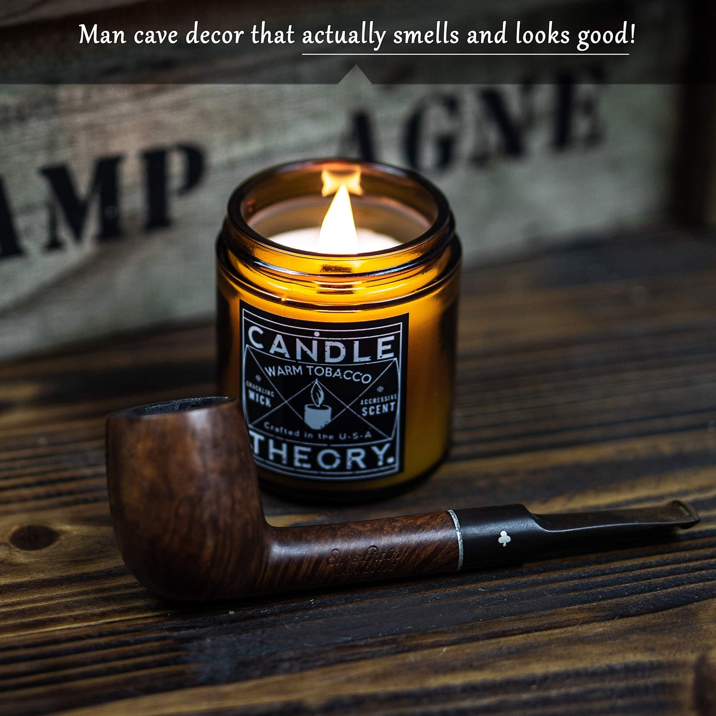 Candle Theory Man Cave Stuff Men 4oz Candles Set of 3, Crackling Woodwick Masculine Scent, Warm Tobacco Cigar, Smoked Suede, Fresh Shave