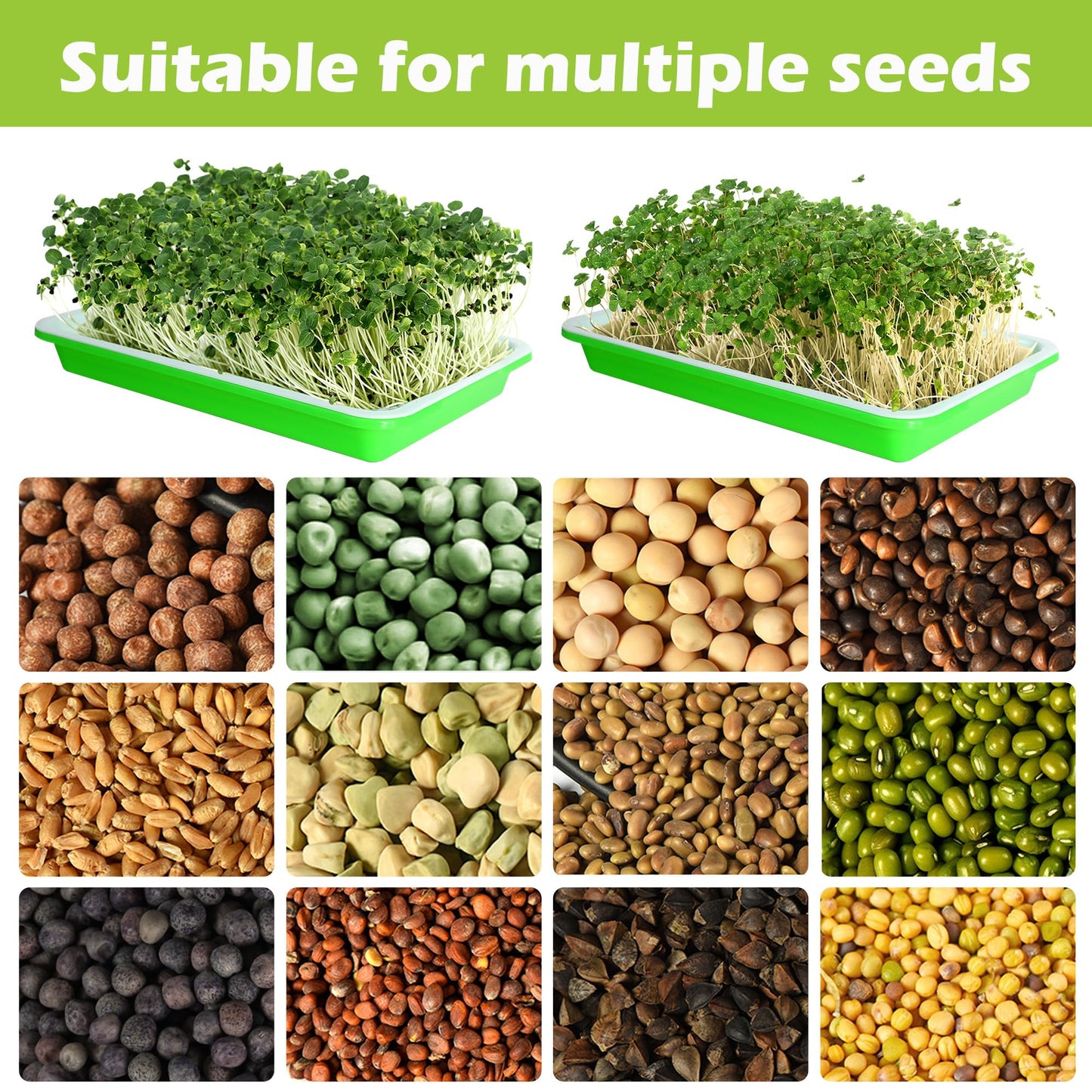 EBaokuup 10 Pack Seed Sprouter Tray with Drain Holes - BPA Free Seed Garden Plant Germination Propagation Trays, Soil-Free Wheatgrass Tray Sprouter Microgreens Growing Kit with Germinating Paper