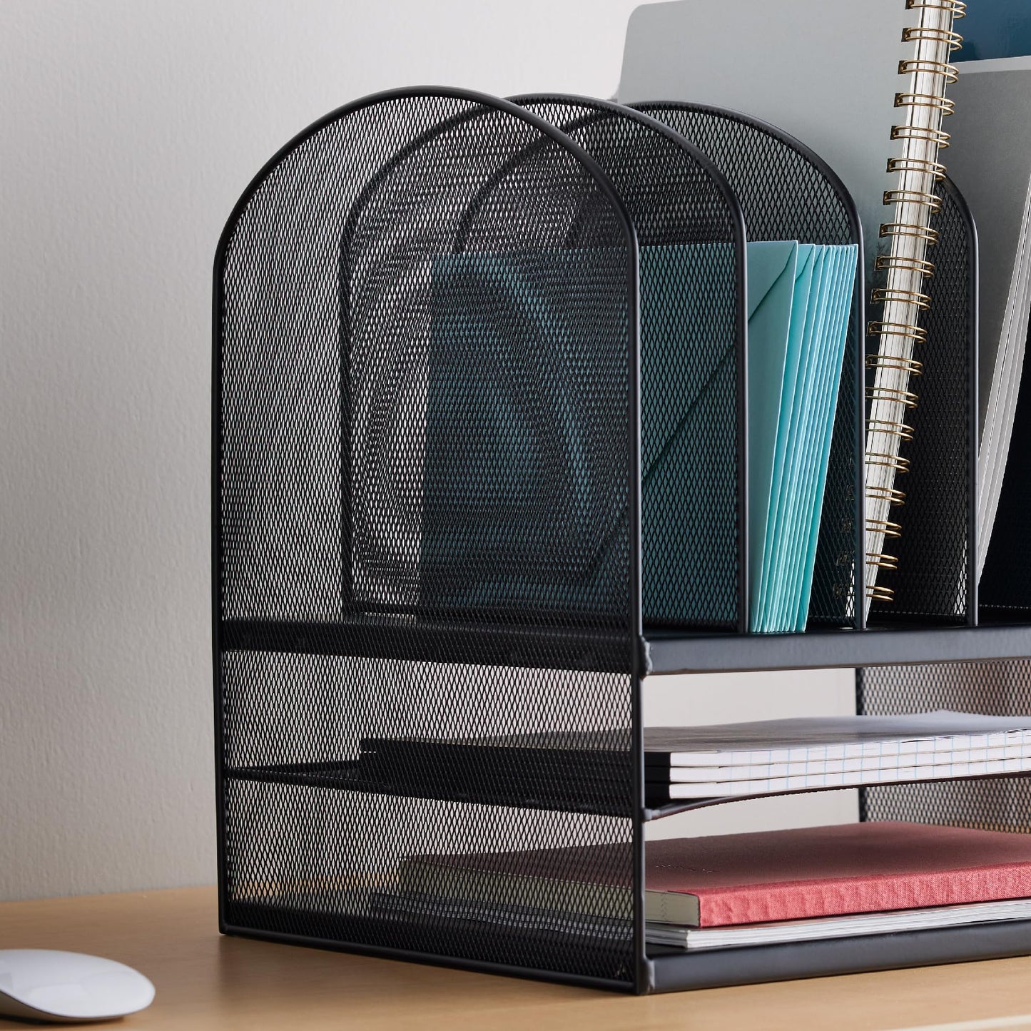 Safco Onyx Desk Organizer, 6 Vertical Compartments and 2 Trays, Office and Classroom Mailbox , Paper and Mail Sorter, Steel Mesh, Black