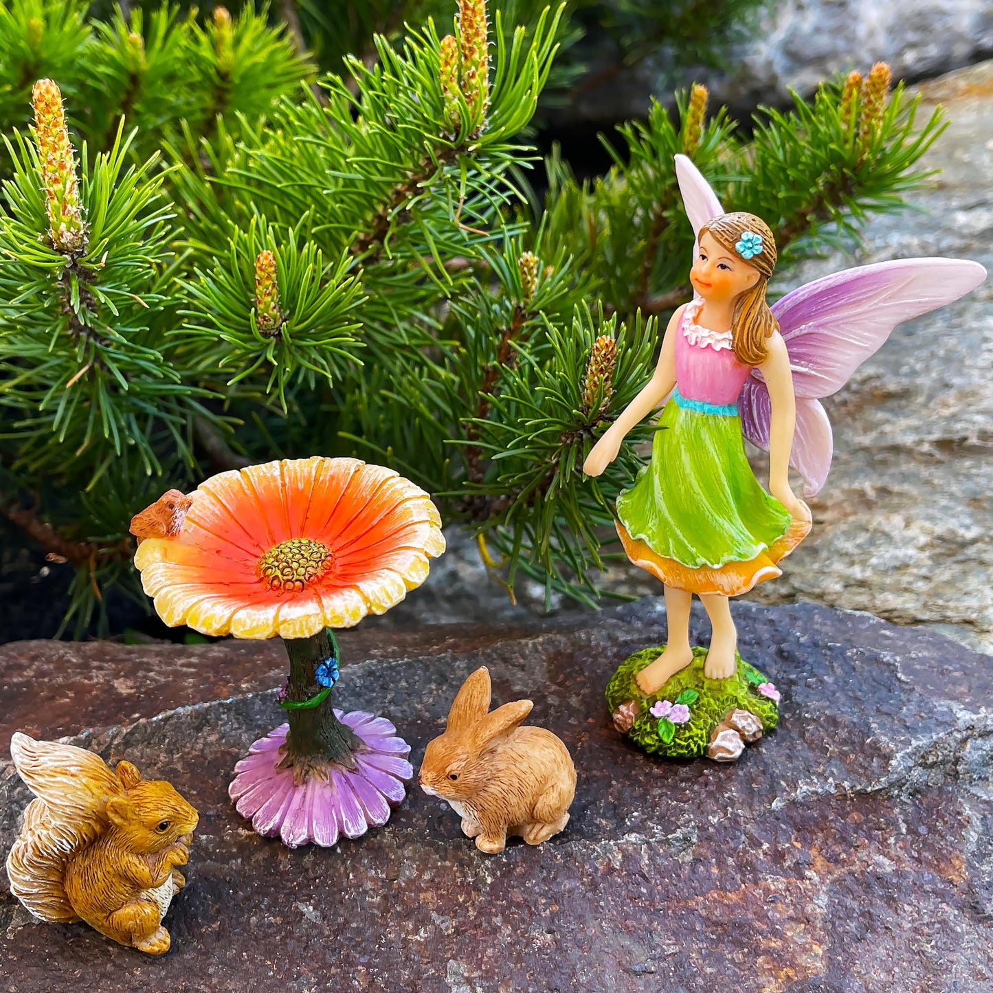 Mood Lab Fairy Garden Figurines with Flower - Miniature Decor Set (4 pcs) - Statues & Accessories - Outdoor Indoor Garden Decor
