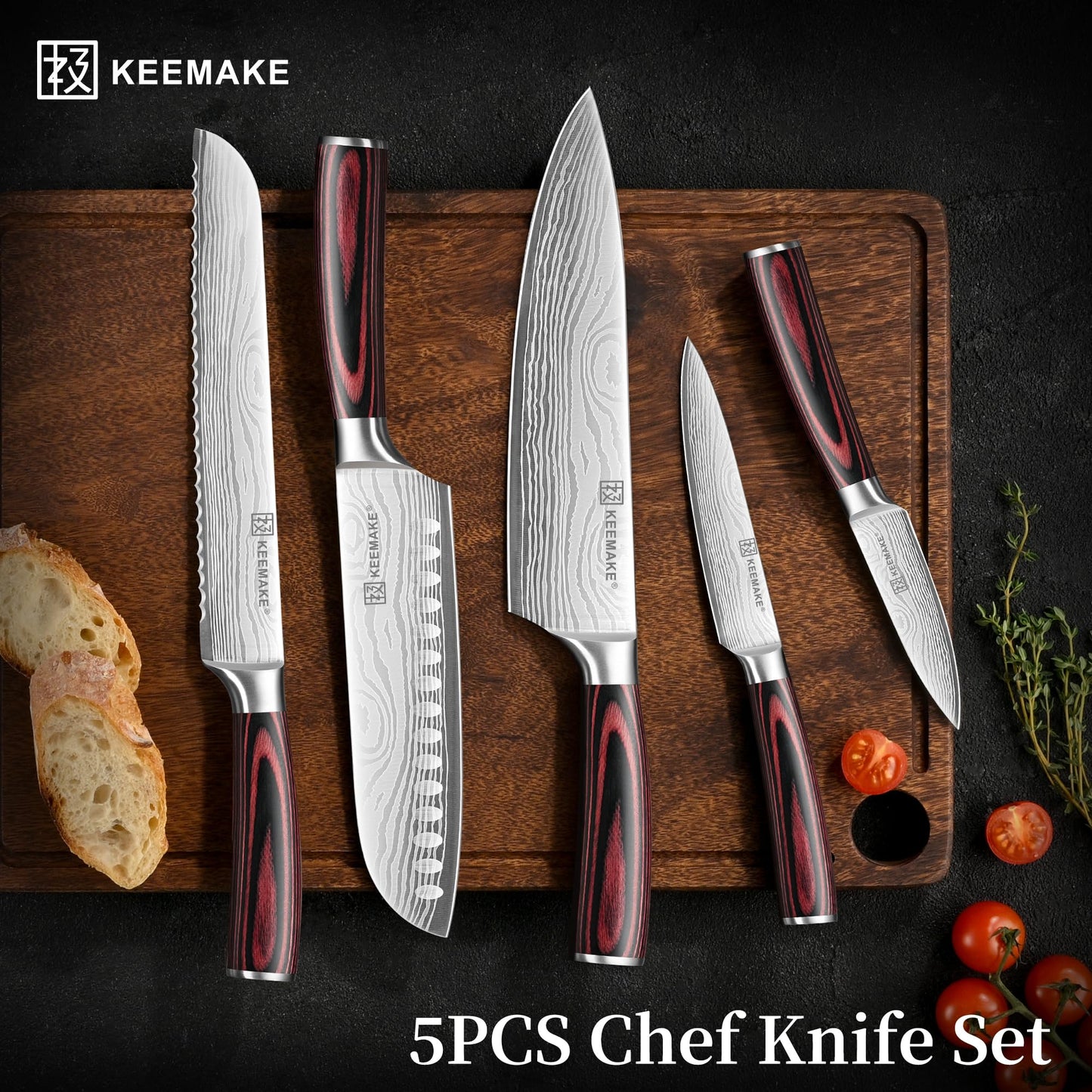 KEEMAKE Knife Set 5 Pieces, Professional Kitchen Knife Set, High Carbon Stainless Steel Chef Knife Set, Ultra Sharp Blade Knives Set for Kitchen with Ergonomic Pakkawood Handle & Gift Box