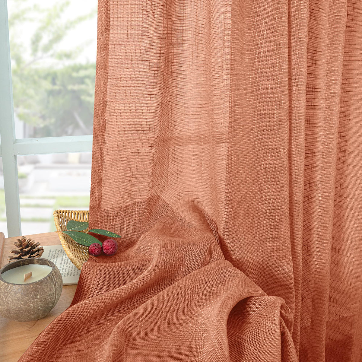 Burnt Orange Linen Curtains 48 Inches Long (2 Count)
