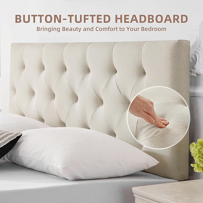 Linen Fabric Upholstered Headboard Queen Size, Modern Diamond Tufting Solid Wood Queen Headboard Only, Adjustable Height from 37” to 51” Head Board, Bed Frame or Wall Mount Headboards, Beige