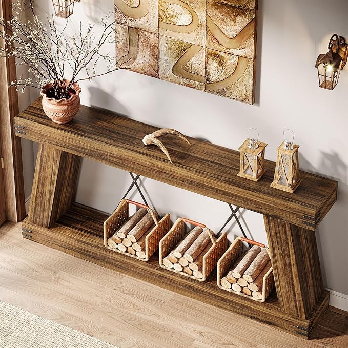 Tribesigns 70.9" Farmhouse Console Table, Long Sofa Table Behind Couch with Storage, Narrow Wooden Console Station, Industrial Rustic Entryway Furniture for Hallway, Entry, Living Room (1, Dark Brown)