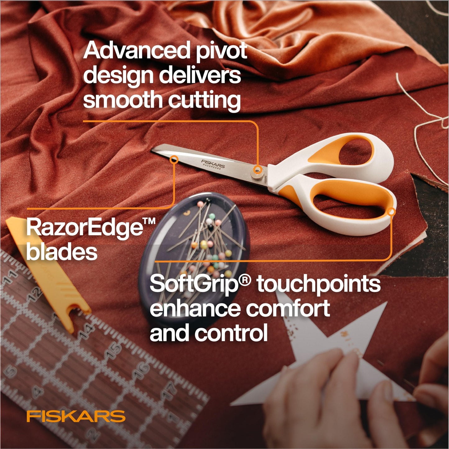 Fiskars RazorEdge Fabric Scissors, Heavy Duty Fabric Shears, Ultra-Sharp Stainless Steel Blades & SoftGrip Ergonomic Handle, 8”, White/Orange