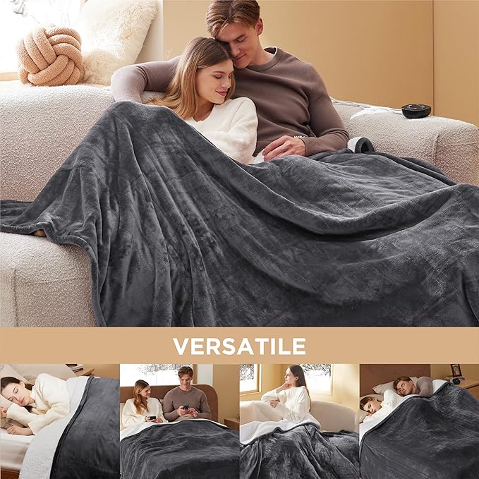 Bedsure Electric Blanket Queen Size - Dual Control Heated Blanket Queen, Fast Heating with 10 Time Settings & 10 Heat Settings, Warm Gift for Grandma (84x90 inches, Dark Grey)