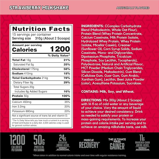 BSN TRUE-MASS Weight Gainer, Muscle Mass Gainer Protein Powder, Strawberry Milkshake, 10.25 Pound