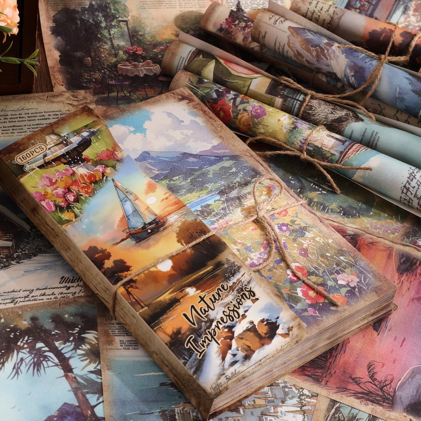 160 Sheets Vintage Scrapbook Paper Set - 8 Nature Impressions Themed Aesthetic Natural Scenery Patterns, Journaling Scrapbooking Supplies Craft Decoupage Papers Kit, for Junk Journals Collage Making