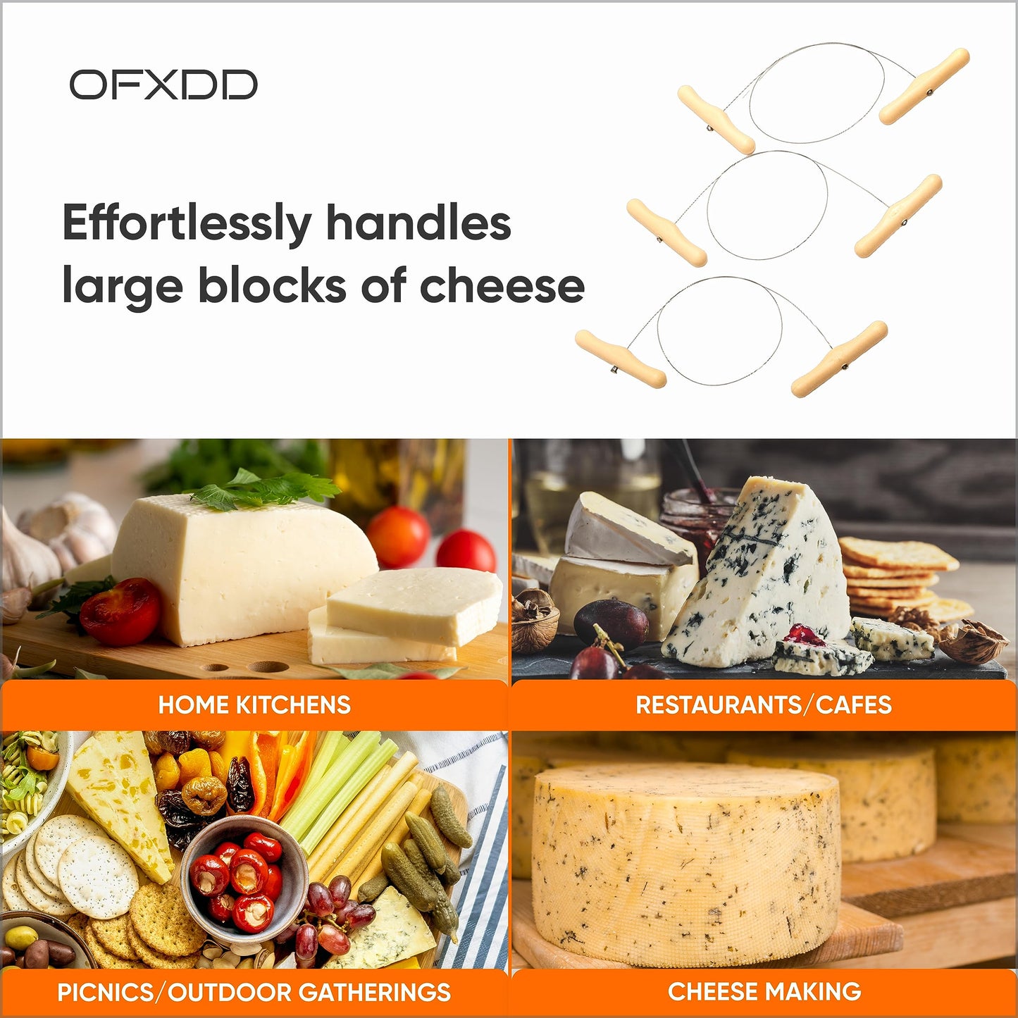 OFXDD Cheese Cutter with Wire - Cheese Slicer Wire 17.7 Inch - Slicers/Strings for Block Cheese with Handles, Stainless Steel, 3 Pcs