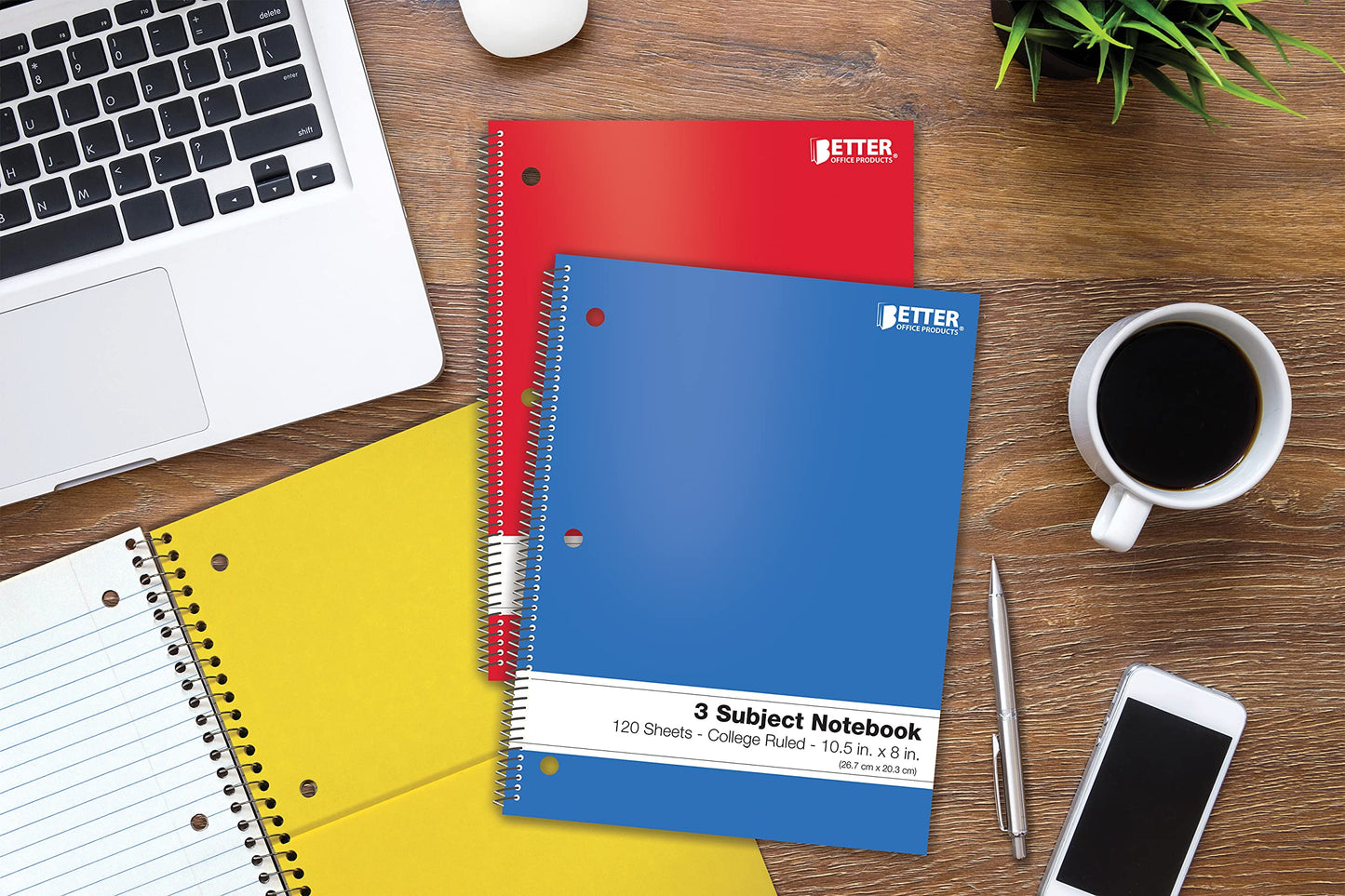 Better Office Products Spiral Notebooks 3-Subject, 6 Pack, College Rule, 120 Sheet Notebook with Sturdy Pocket Dividers, 10.5 x 8 inches, 6 Assorted Primary Colors, 6 Pack