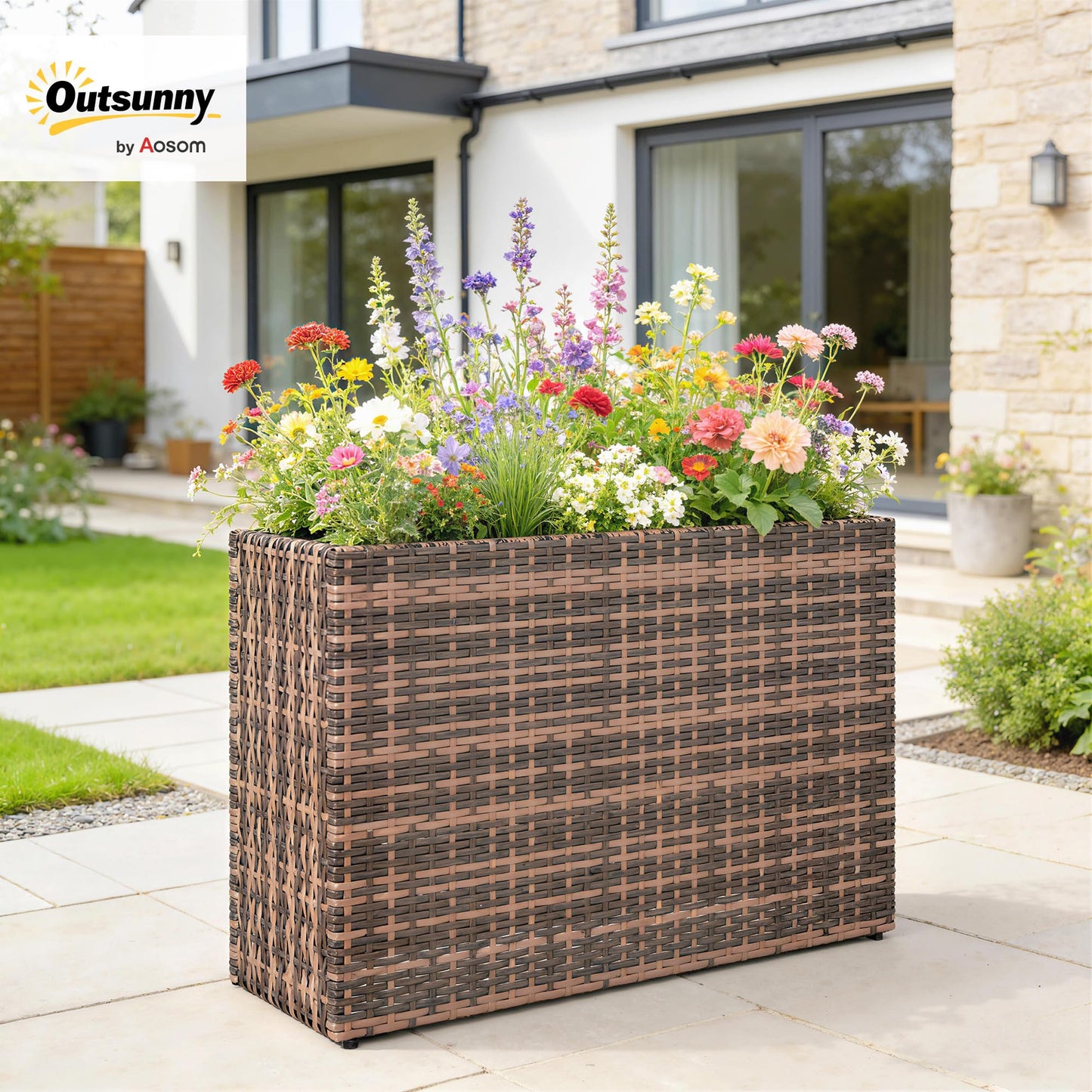 Outsunny Tall Rectangular Planter with Removable Liner, PE Wicker Large Planters for Outdoor Plants, Freestanding Indoor Outdoor Planter Box with Drainage Holes for Flowers, Vegetables, Brown