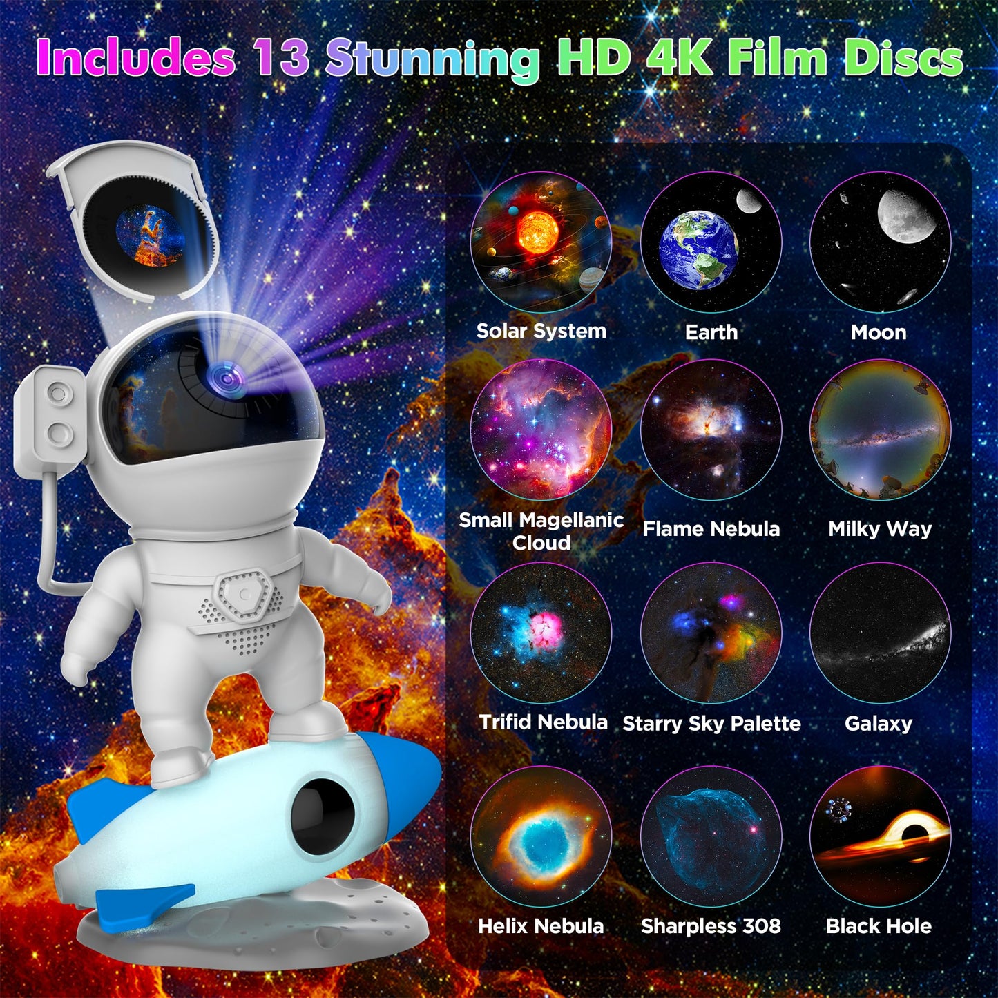 Aimetoile Astronaut Galaxy Projector Light for Bedroom, 12-in-1 HD Nebula Northern Lights Projector with 360° Rotating Projection, Fixed Rocket Night Light with Timer, Gift for Boys Girls Kids