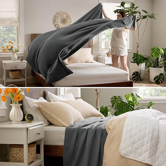 Bedsure 100% Cotton Blanket King Size for Bed - Breathable and Lightweight, Soft Cozy Textured Herringbone Woven Blanket for Summer Spring, Dark Grey, 108x90 inches
