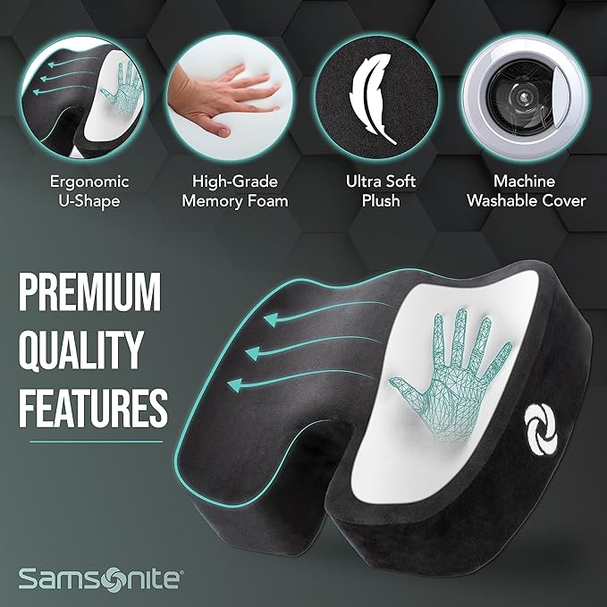 Samsonite Orthopedic Seat Cushion – Premium Memory Foam Ergonomic Seat Cushion for Office Chair, Car, Desk & Gaming – Pressure Relief for Sciatica, Tailbone, Hip & Back Pain with Non-Slip Cover