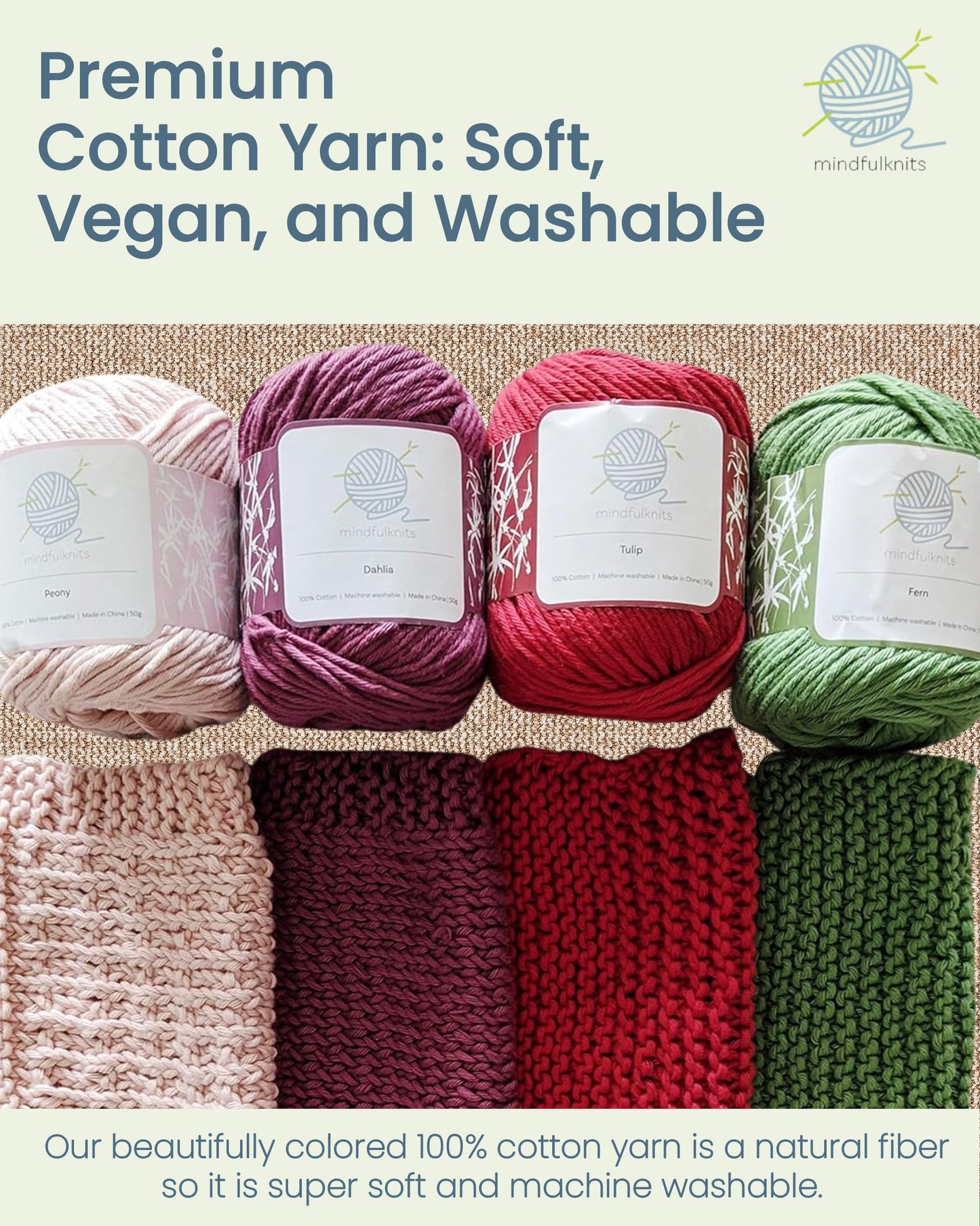 mindfulknits - Beginners Washcloth Knitting Kit - Includes 100% Cotton Knitting Yarn + Circular Knitting Needles & Yarn Needle (Flora Colored Cotton Yarn) - Mindful Crafting Kit