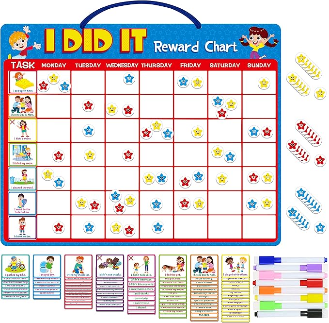 Magnetic Reward Chart, Dry Erase Kids Behavior Responsibility Task Board-84 Chores (Including 7 Blanks), 272 Magnetic Stars, 8 Markers & 3 Name Cards-Good Behavior Daily Routine to Motivate Kids