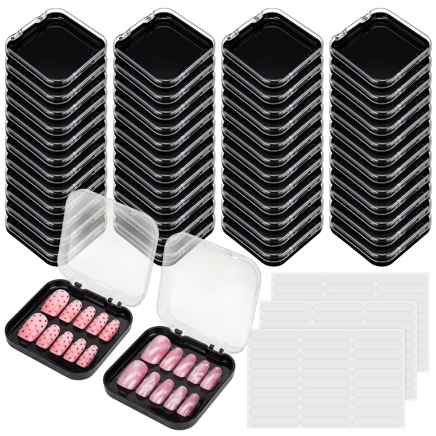 AceOrbit Press on Nail Boxes with 180 Pcs Adhesive Double Sided Tape Acrylic Press on Nail Packaging Cases Transparent Storage Case Organizer for Display Art Salon Supplies(Black,48 Pcs)