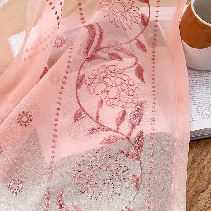jinchan Winslow Sheer Curtains 63 Inch Length for Dorm Bedroom Bordered Floral Pattern Decorations Short Curtains Light Filtering Window Treatments, 50W x 63L, 2 Panels