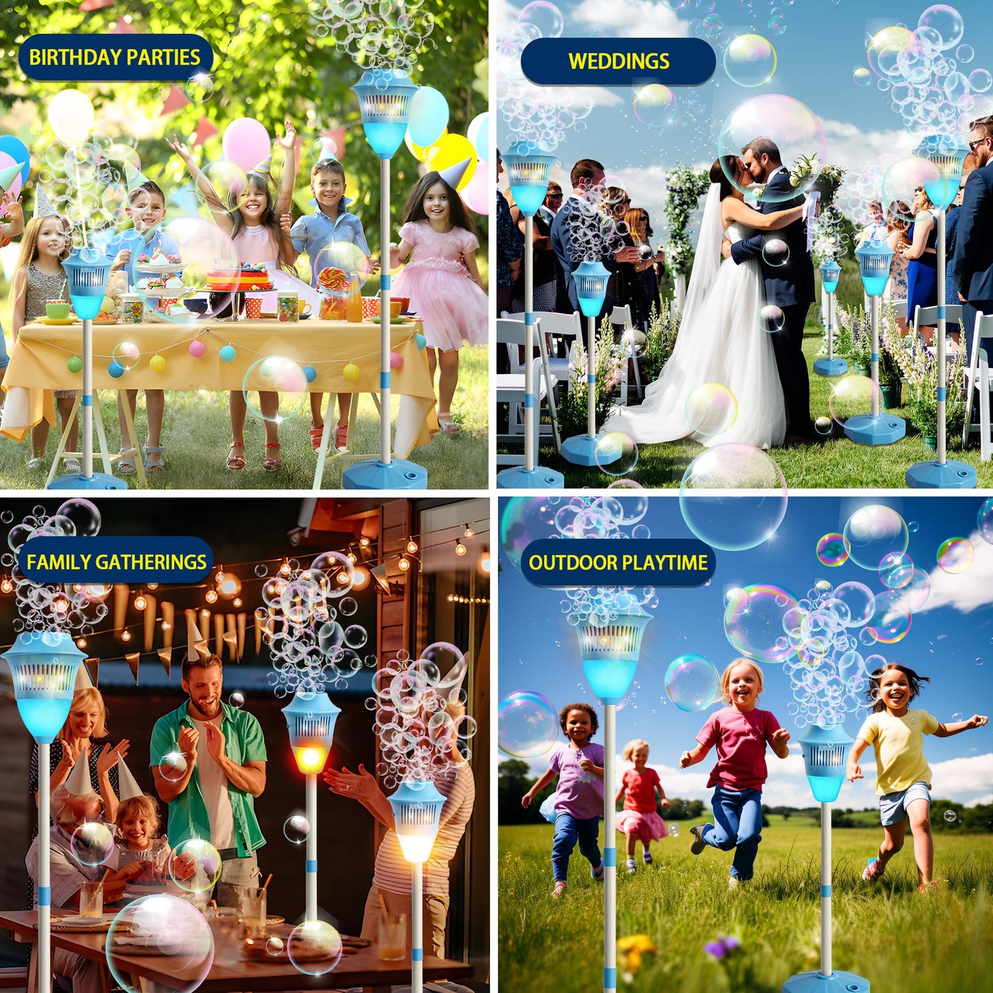 ROHSCE Automatic Bubble Machine with LED Lights & Music, Tall Rechargeable Bubble Maker for Kids, Adjustable Height 47 Inches Outdoor Bubble Stand Machine for Birthday Party, Wedding, Garden, Camping