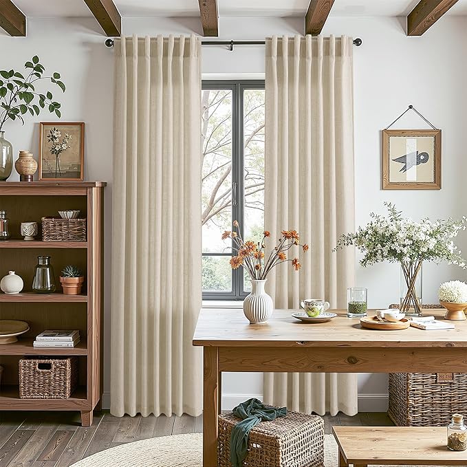 Nanspring Eggshell Beige Linen Curtains 96 Inches Long for Living Room Rustic Luxury Light Filtering Semi Sheer Curtain Back Tab Neutral Coastal Decor Drapes for Bedroom Office 52x96, 2 Panels