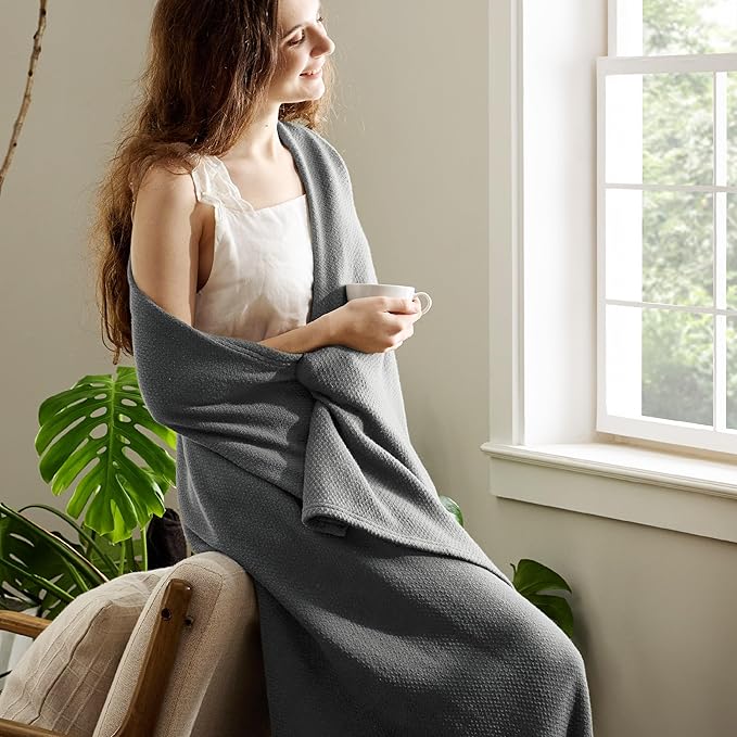 Bedsure 100% Cotton Blanket Twin XL Size for Bed - Breathable and Lightweight, Soft Cozy Textured Herringbone Woven Blanket for Summer Spring, Dark Grey, 66x90 inches