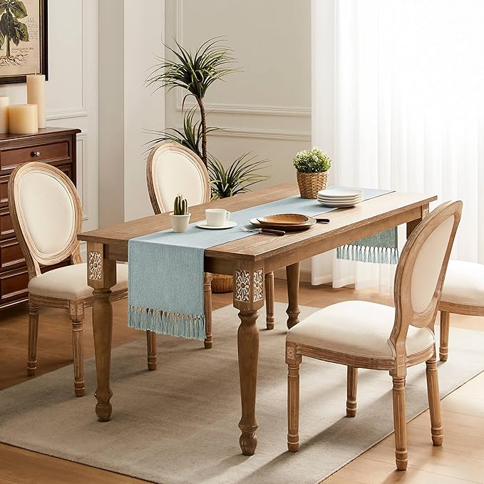 ZeeMart Linen Blend Table Runner, Blue 13x48 Inch, Farmhouse Burlap Linen Style Rustic Blue Table Runners 48 Inches Long