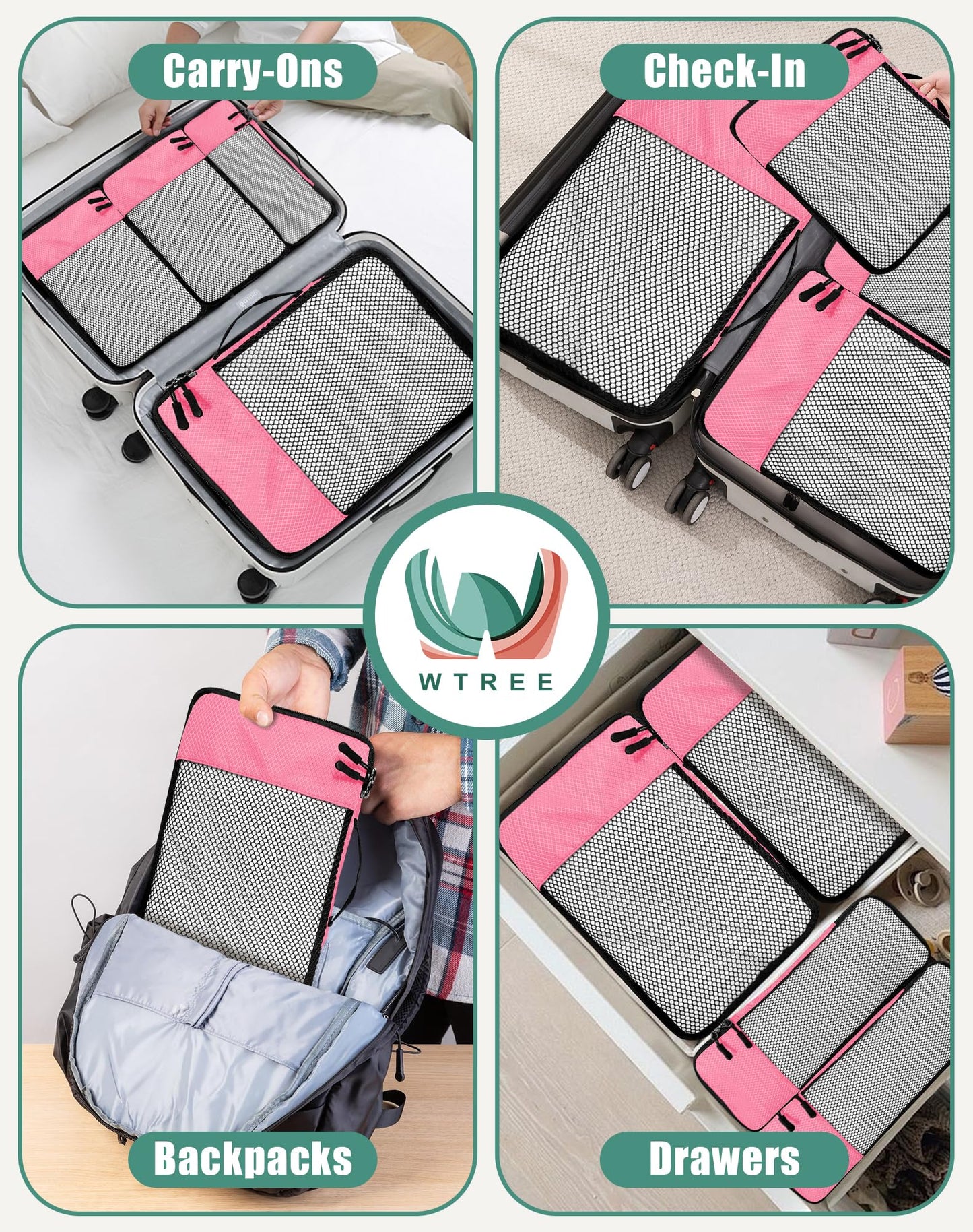 WTREE 4-Piece Packing Cubes Travel Accessories Set for Suitcases - Luggage Organizer Bags with Double Zipper - Mesh Top - Small/Medium/Large/Slim - Pink