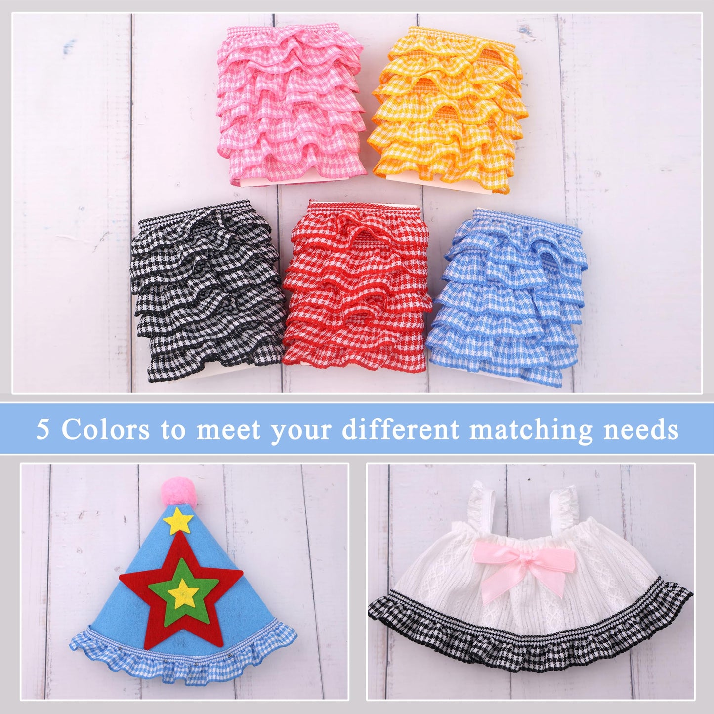 10 Yards Elastic Pleated Gingham Ruffle Trim, 6/8 inch Tiny Stretchy Ruffles Narrow Ruffle Edge Mini Edge Trim Decoration for Clothes Crafts Doll