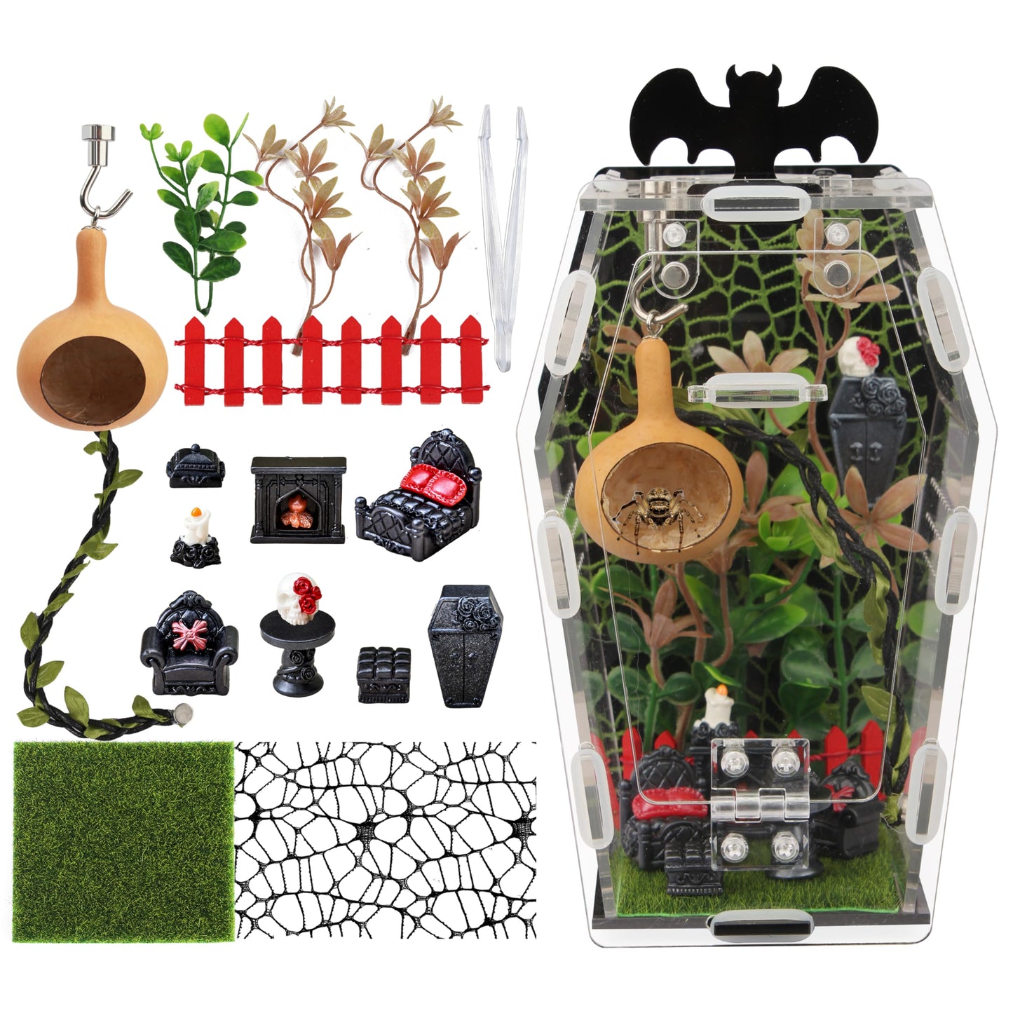 ZUIFIANLE 19PCS Jumping Spider Enclosure Kit, Acrylic Goth Coffin Terrarium with Magnetic Lock & Feeding Hole, DIY Decor Set for Tarantula Mantis Insect Habitat, Black Base
