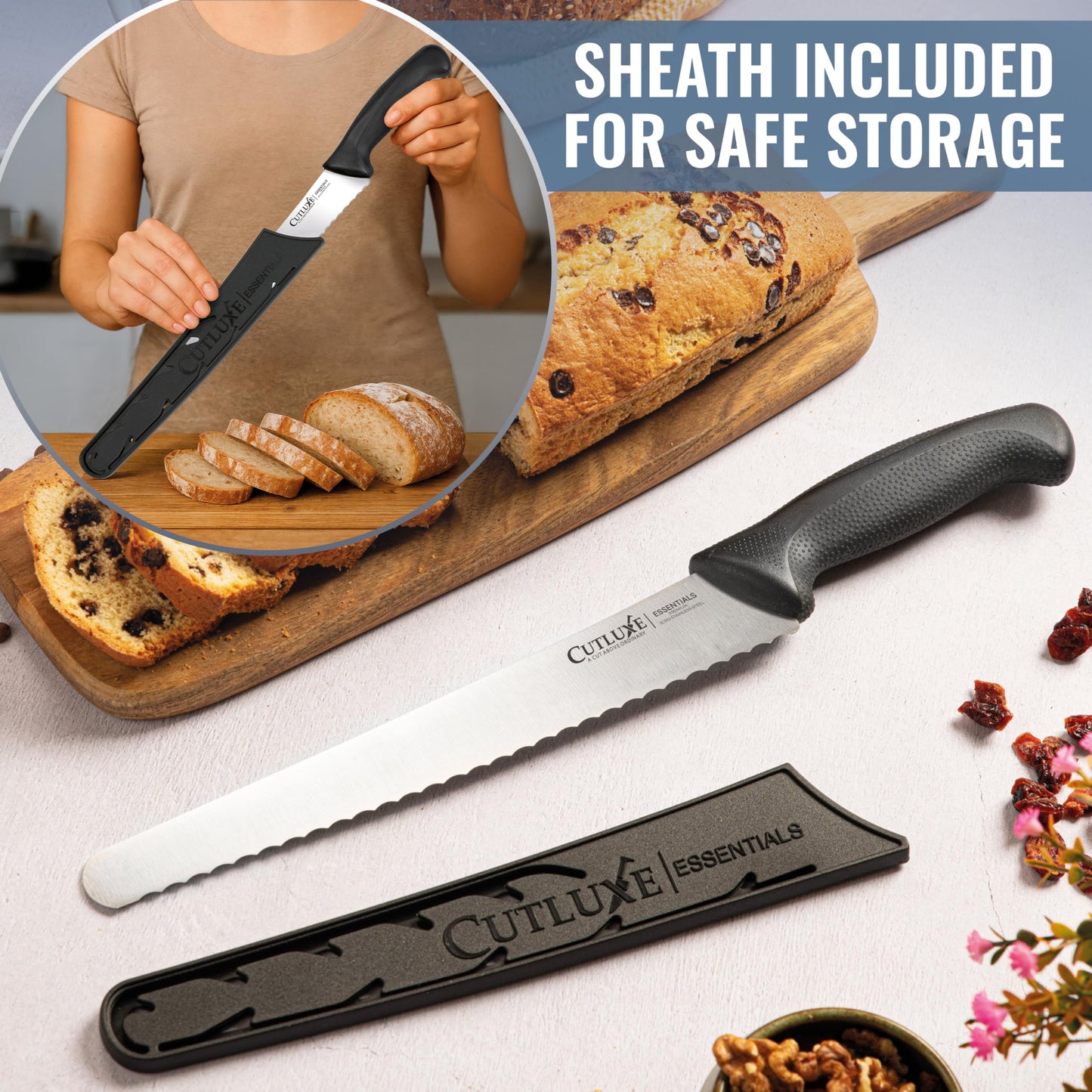 Cutluxe Bread Knife with Cover – 10" Razor-Sharp Serrated Stainless Steel Blade, Ergonomic Anti-Slip Handle – Perfect for Sourdough & Homemade Bread