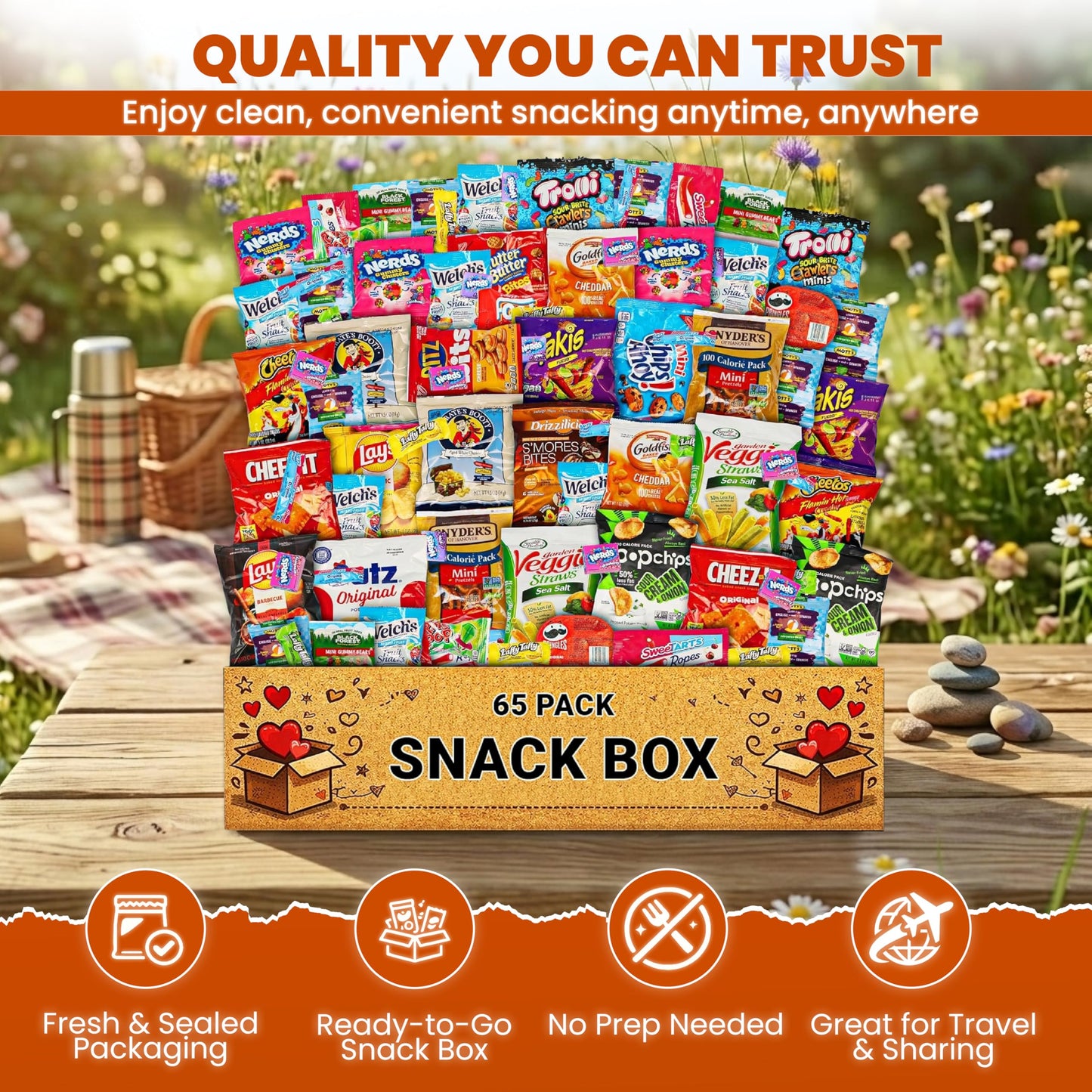 Snack Variety Care Package Gift Box, 65 Count Ready To Gift Assorted Snacks With Cookies Chips Bars Popcorn Crackers For Adults Kids Office Break Rooms School Snacks Camp Snack Gift Birthdays Welcome Gifts Get Well Soon Box